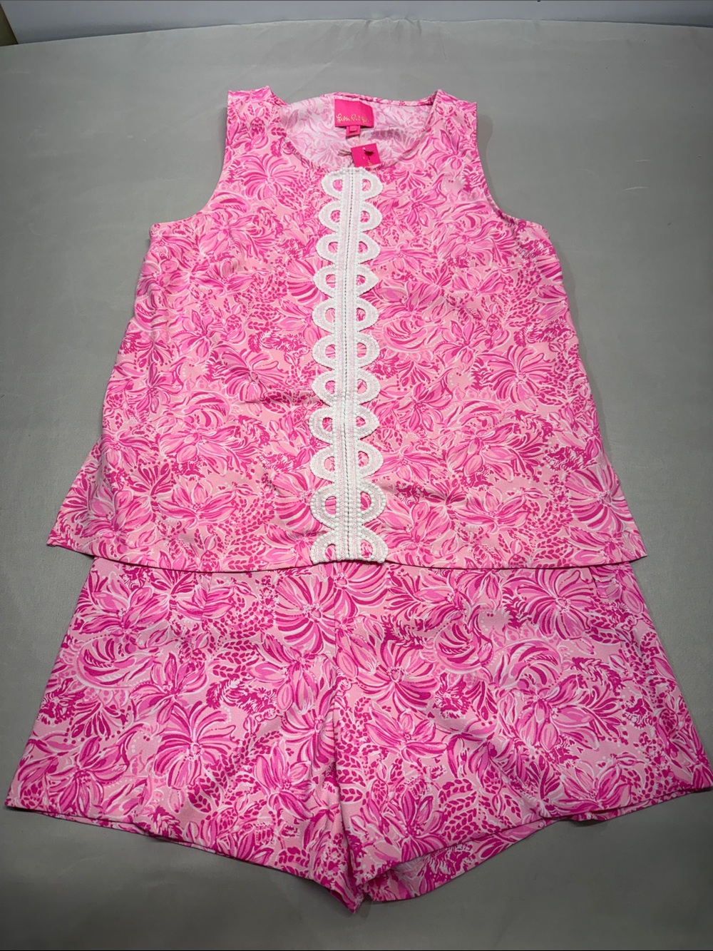 Lilly Pulitzer Pink Floral Lace-Trim Tank Top With Matching Shorts